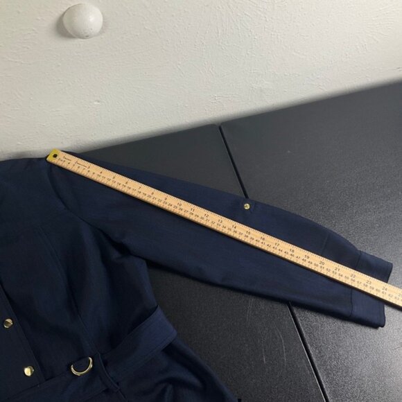 Calvin Klein Belted Dress Womens Sz 14  Navy Pinstripe Long Sleeve Gold Buttons - Picture 11 of 13